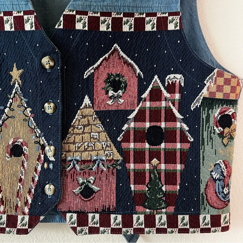 Vintage Orvis Made in the USA Chambray Christmas Birdhouse Tapestry Vest Large - Picture 4 of 11